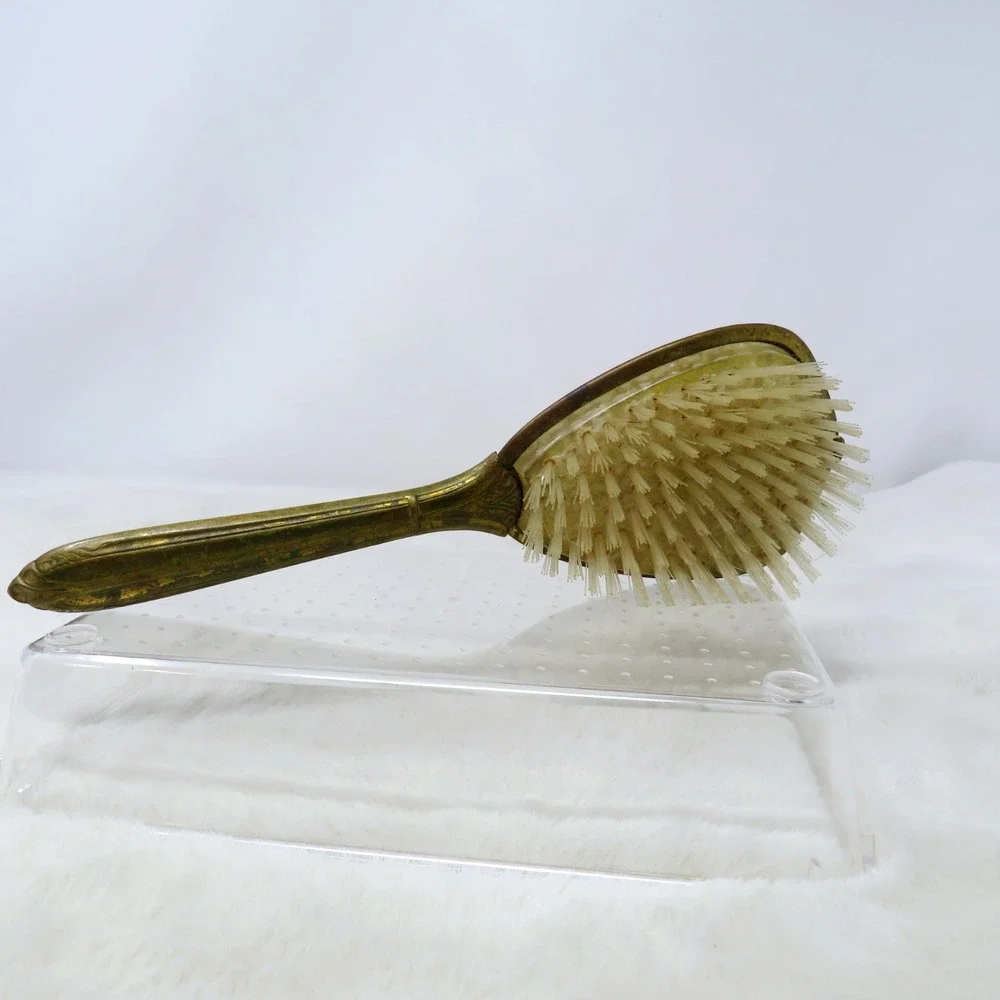 Vintage Gold Tone Metal Art Deco Hair Brush Vanity Dresser‎ Retro